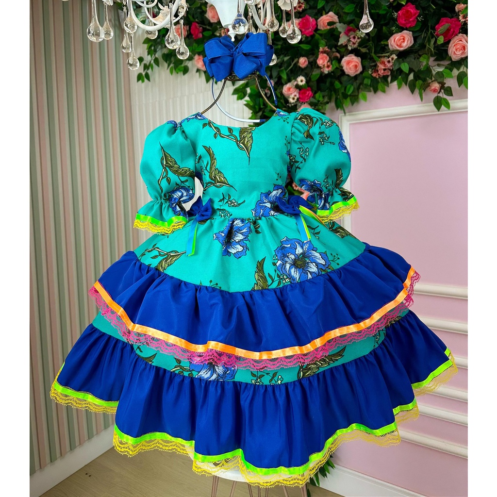 Vestido Festa Junina Infantil Azul Turquesa com Flores e Babados Coloridos 1 ao 16