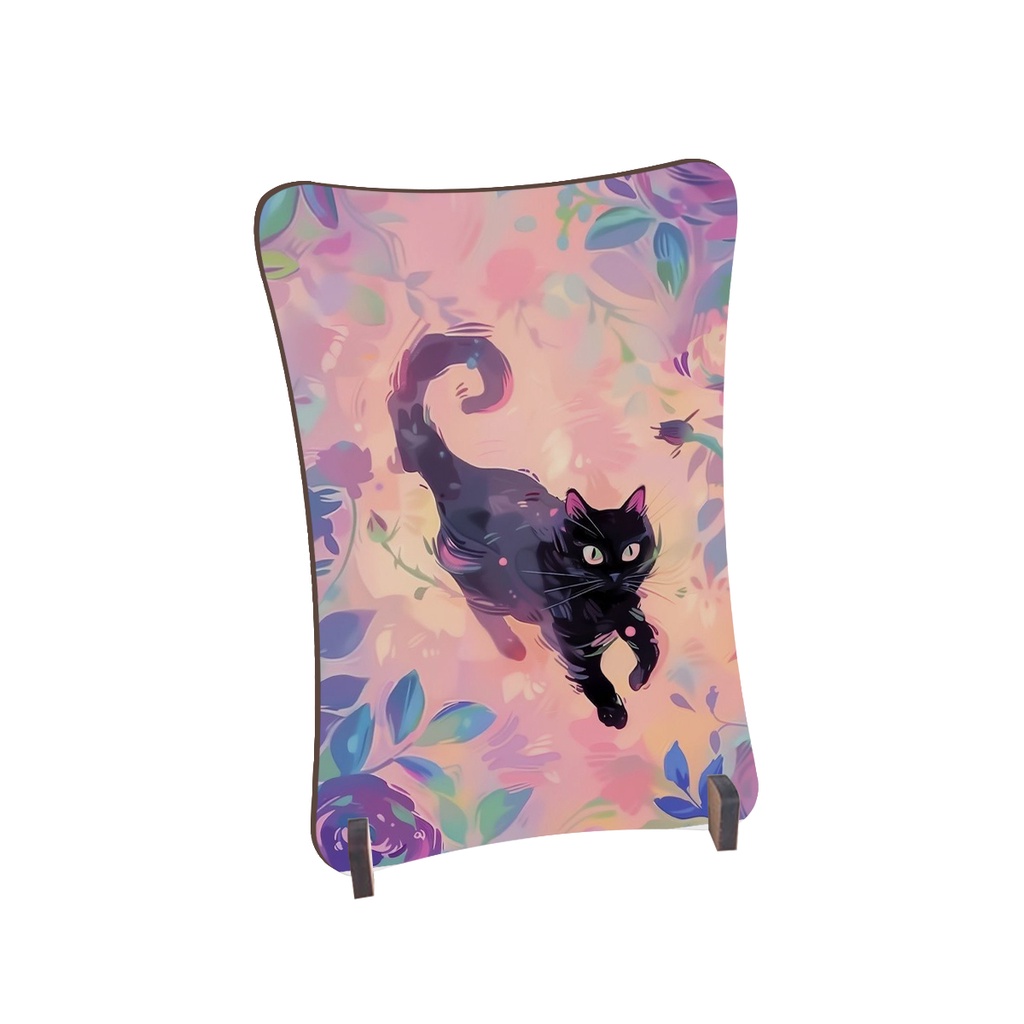 Placa de Mesa Curvo Gatinho preto nadando folhas e flores ro