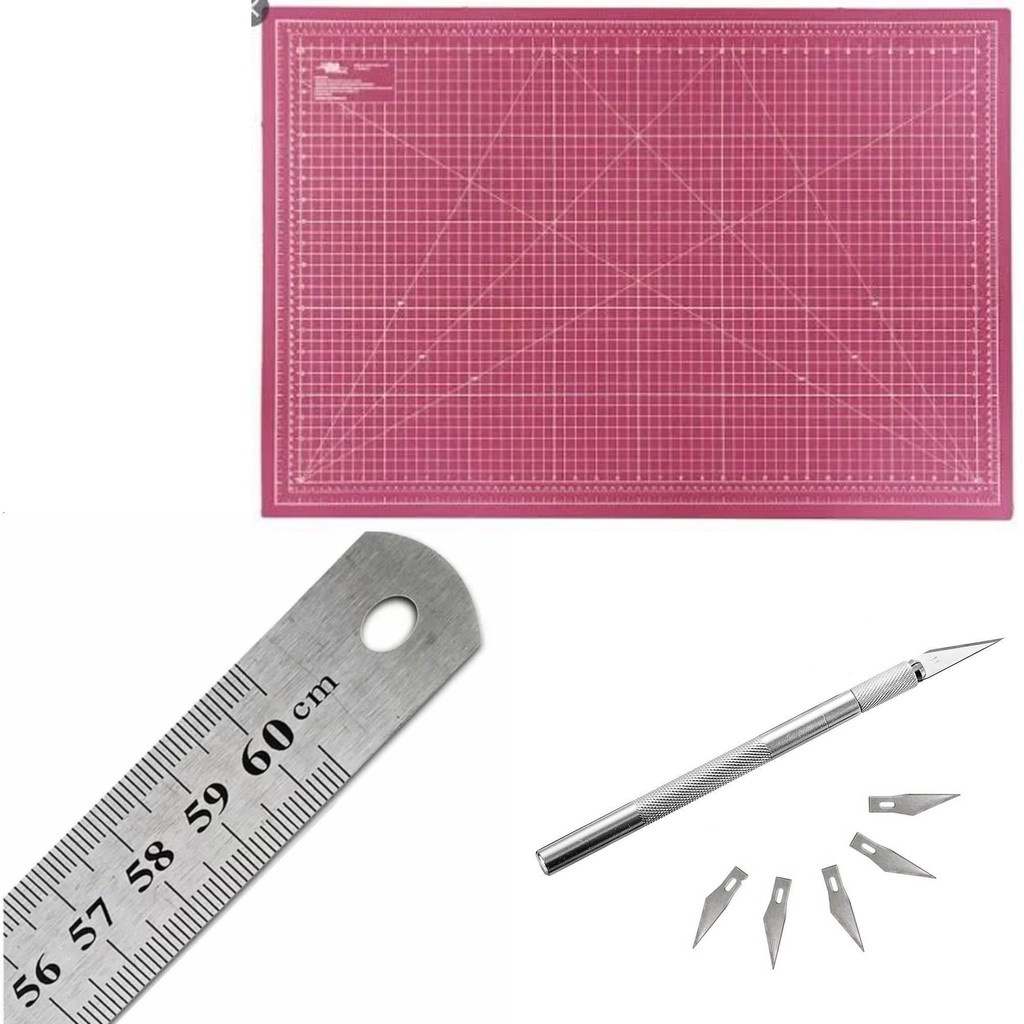 Kit Base de Corte Rosa + Regua de aço 60 cm + Estilete
