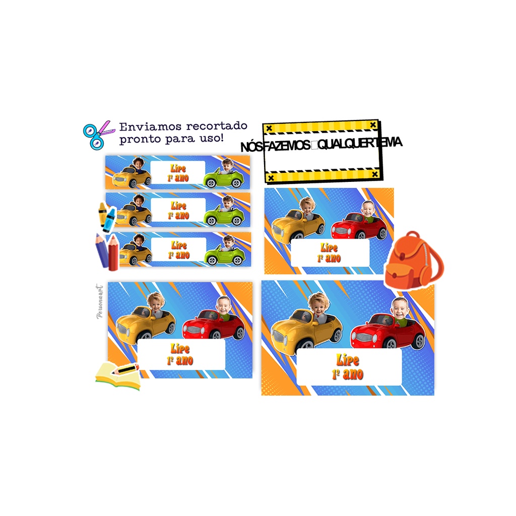 40 Etiqueta Adesiva material escolar Personalizado Toppers com Foto decoração rostinho Carrinhos