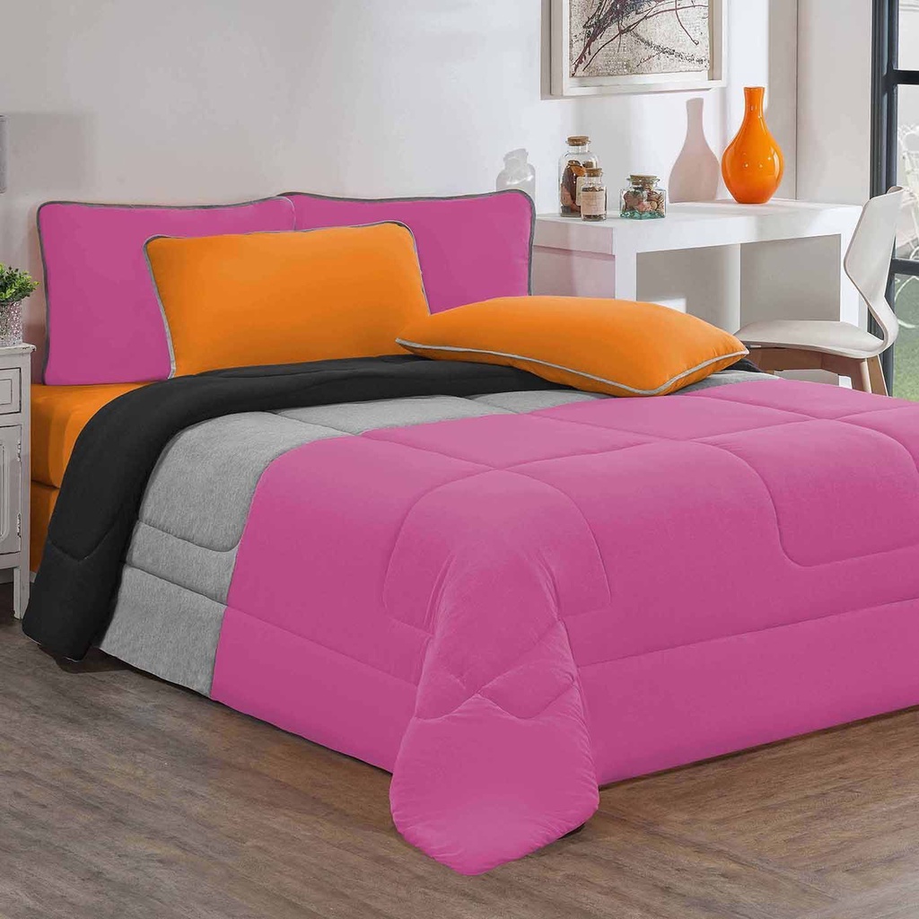 Kit Edredom + Jogo De Lençol Malha 100% Algodão Urbano 4 Peças Solteiro - Pink/Mescla/Laranja