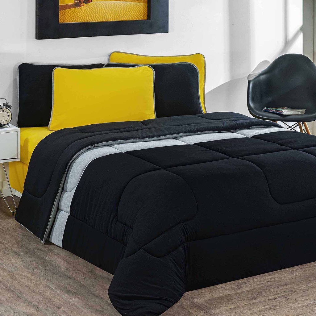 Kit Edredom + Jogo De Lençol Malha 100% Algodão Urbano 4 Peças Solteiro - Preto/Mescla/Amarelo