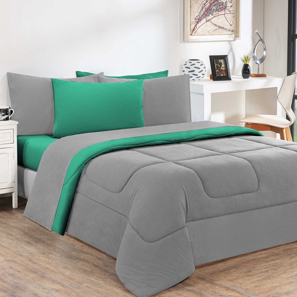 Kit Edredom Malha 100% Algodão Gran Moratta 2 Peças Solteiro - Cinza/Verde Jade