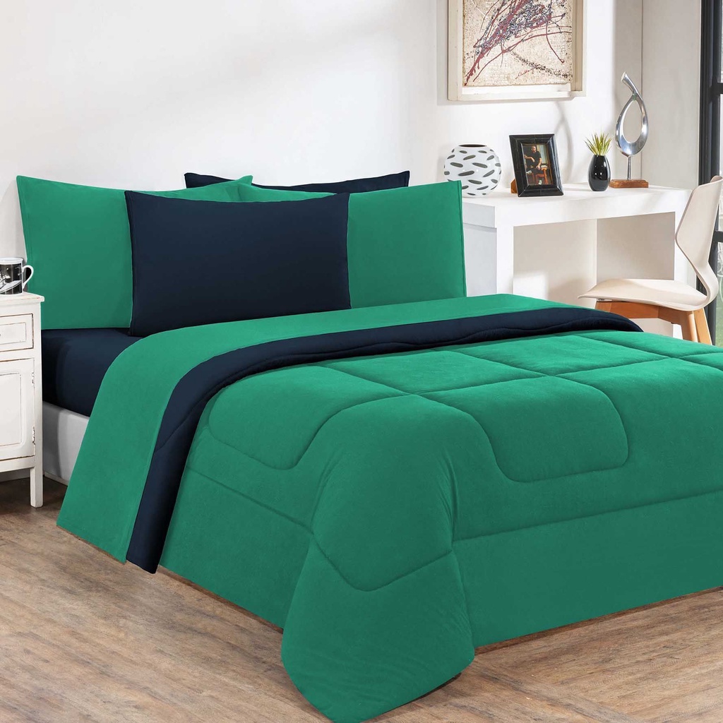 Kit Edredom Malha 100% Algodão Gran Moratta 2 Peças Solteiro - Verde Jade/Azul Marinho