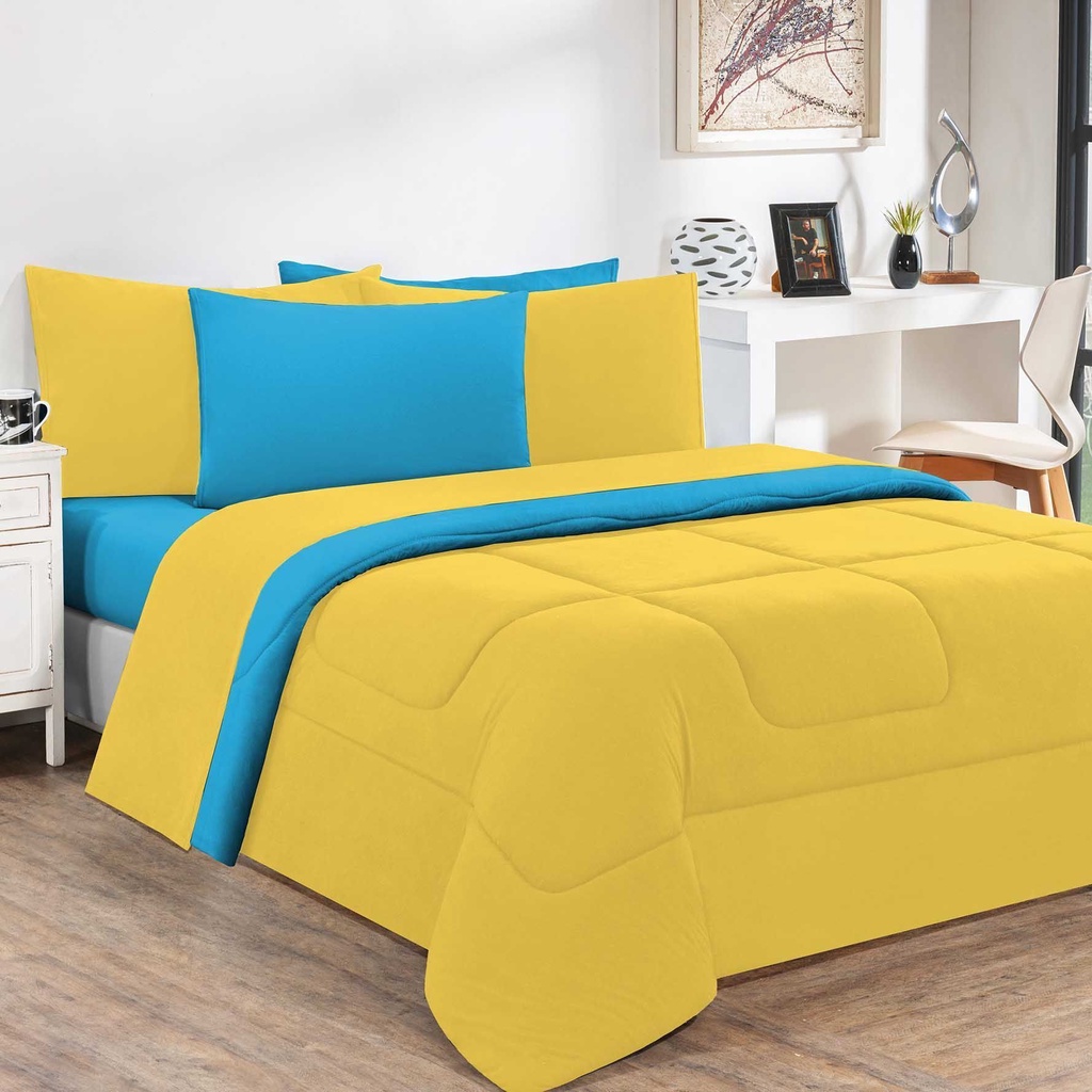 Kit Edredom Malha 100% Algodão Gran Moratta 3 Peças Queen - Amarelo/Azul Turquesa