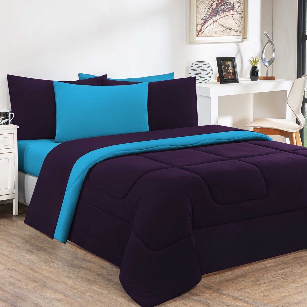 Kit Edredom Malha 100% Algodão Gran Moratta 3 Peças Queen - Roxo /Azul Turquesa