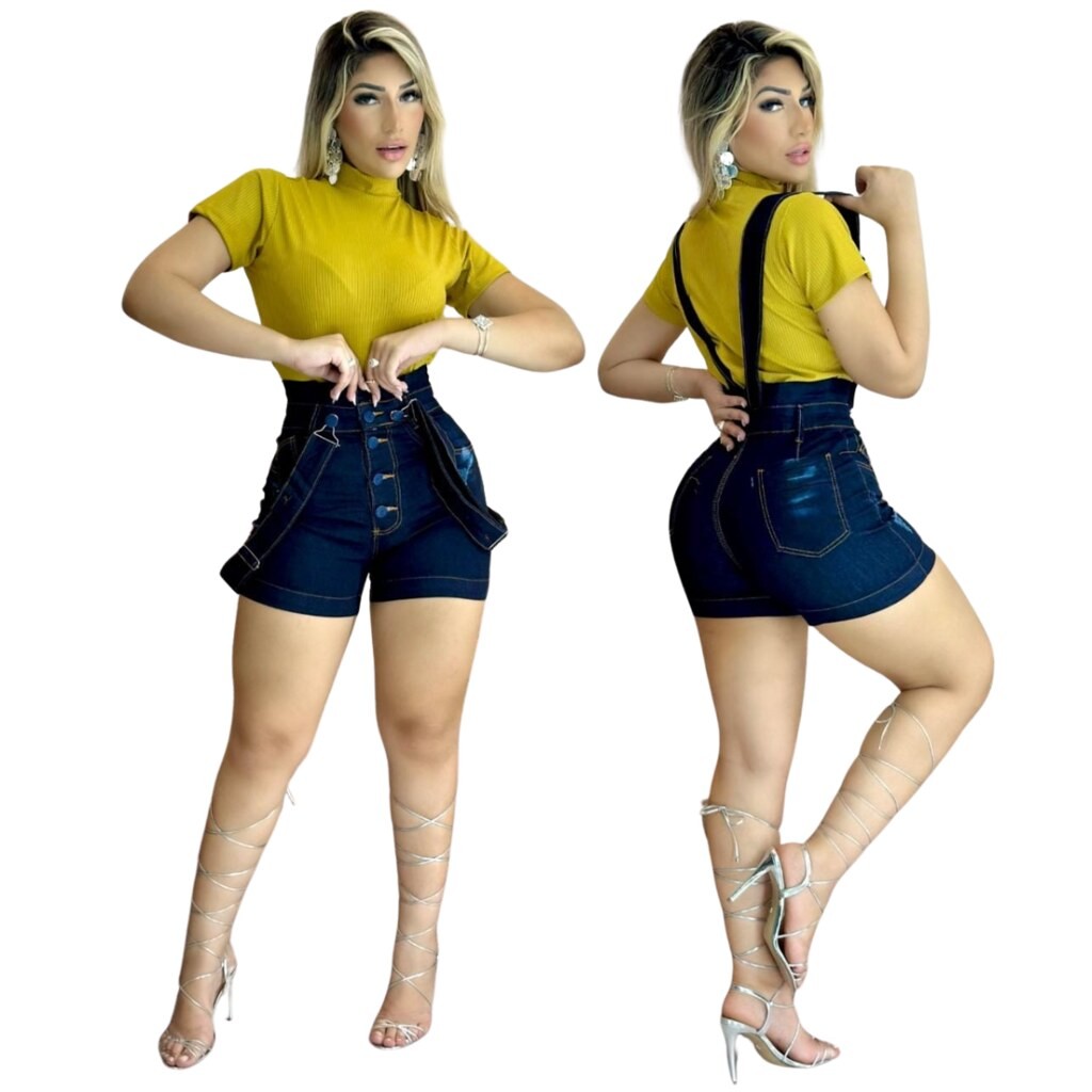 Salopete Jeans Feminina Escura,M&E Modas