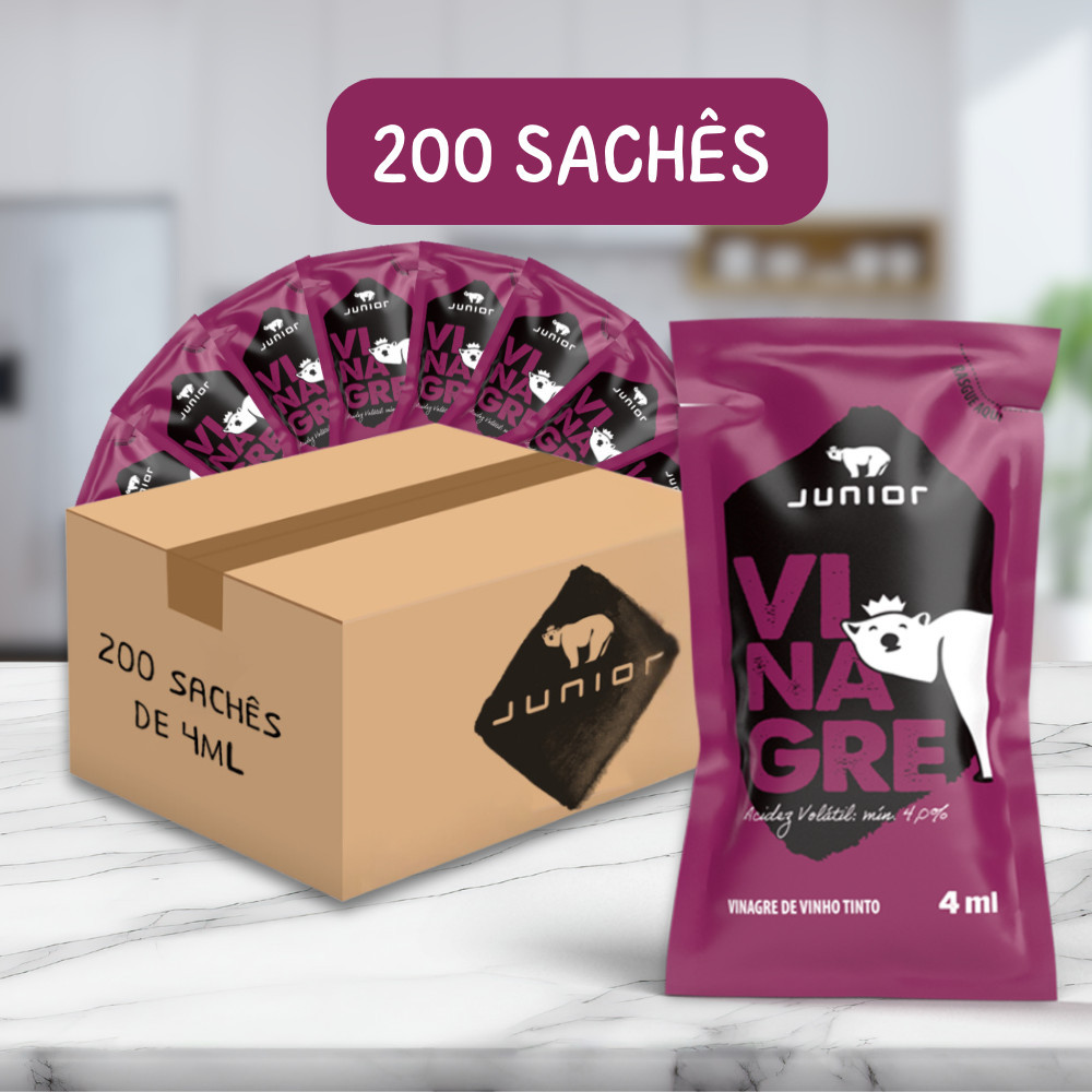 Vinagre De Vinho Sachê 4ml Junior Caixa 200 Unidades Vinho Tinto Tradicional Tempero Salada Carne