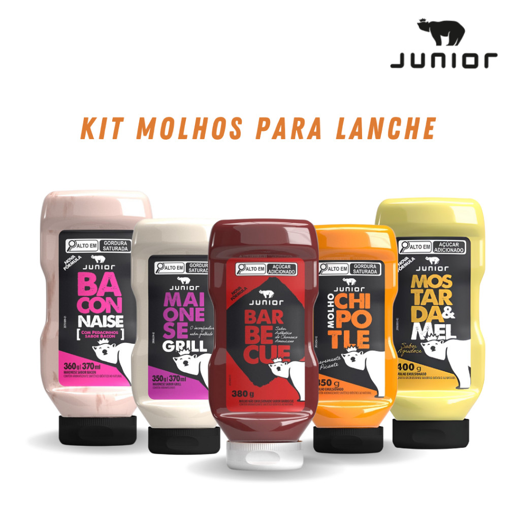 Combo Molho Barbecue Maionese Grill Chipotle Mostarda e Mel Baconnaise 5 Unidades Frasco Lanche Gourmet Cremoso
