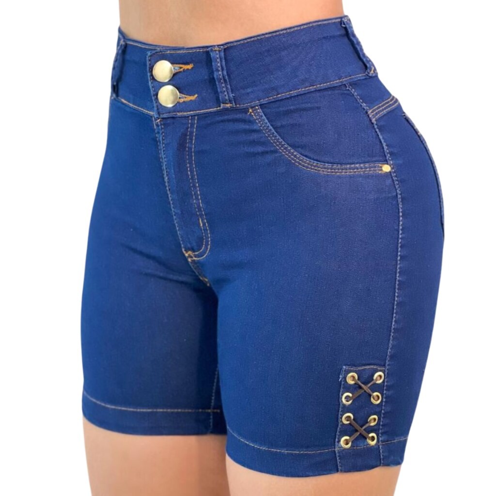 Bermuda Short Feminino Jeans Ciclista c/ Ilhós Escuro,Zenety Ltda em Oferta na Shopee