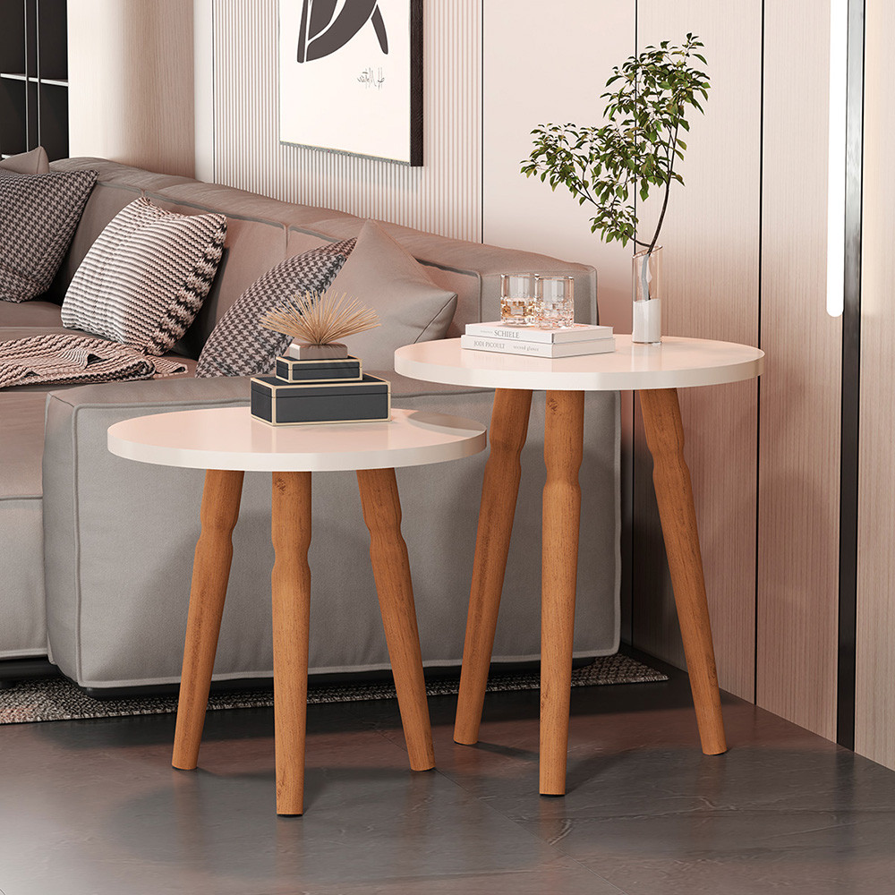 Conjunto Kit Mesa de Cabeceira Redonda Canto Apoio Cama Quarto Atalanta Off White