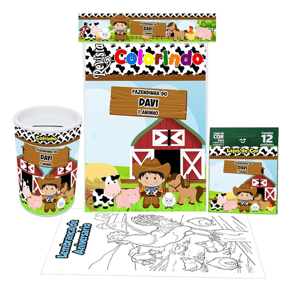 10 Revistinha de Pintar + Lápis de Cor + Cofre Cofrinho Fazendinha Fazenda Lembrancinhas Infantil