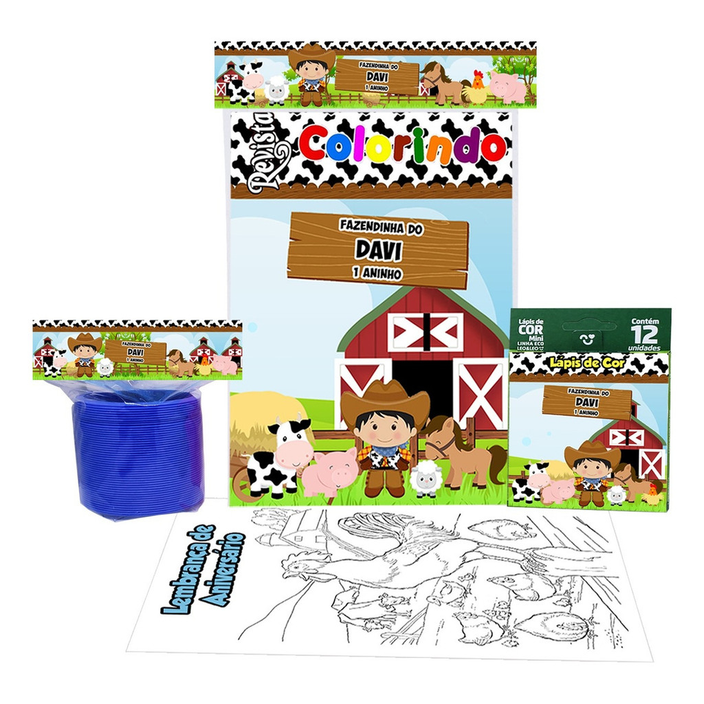 5 Livro de Colorir + Lápis de Cor + Mola Molinha Maluca Fazendinha Fazenda Lembrancinhas Infantil