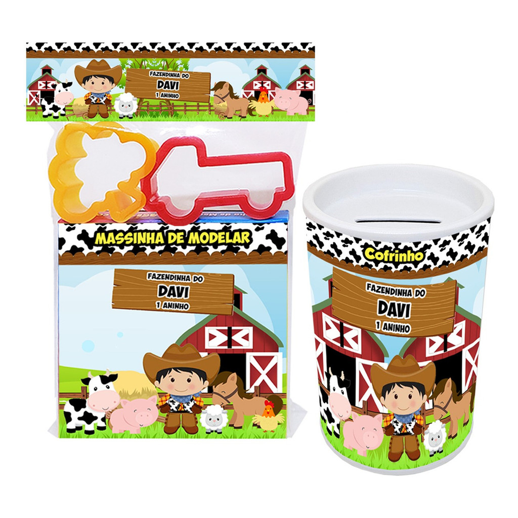 10 Cofre Cofrinho + Massa e Moldes Cortadores Fazendinha Fazenda Lembrancinhas de Festa Infantil