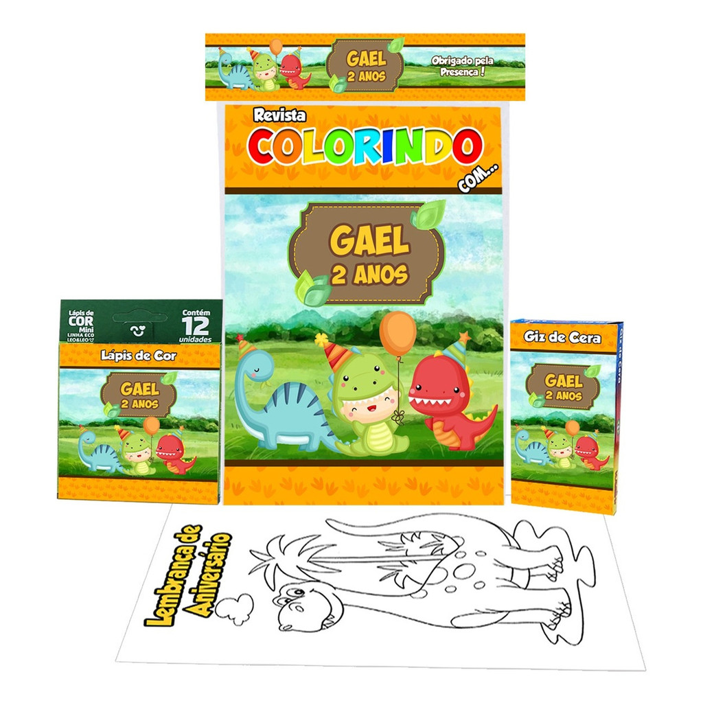 5 Livro de Colorir + Giz de Cera + Lápis de Cor Dinossauro Baby Lembrancinhas Personalizada Infantil