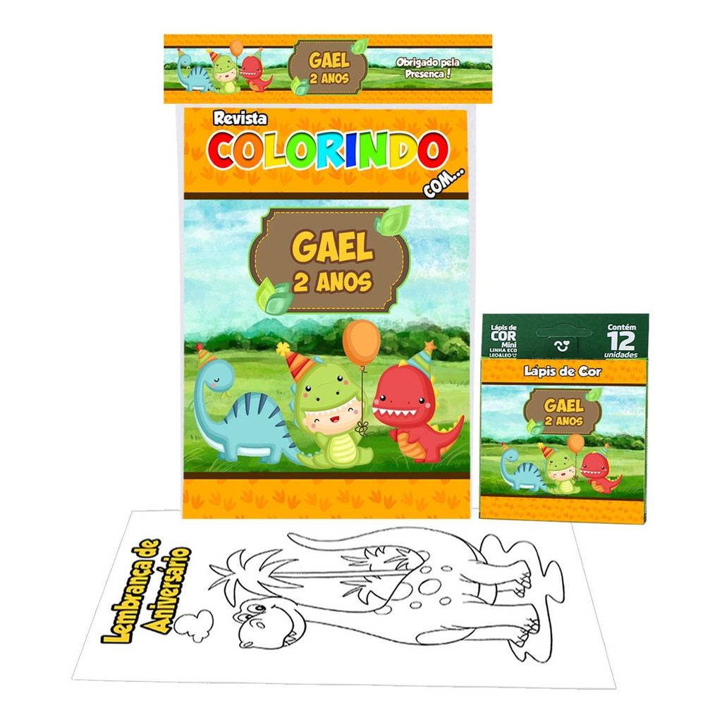5 Livro de Colorir + Lápis de Cor 12 Cores Dinossauro Baby Lembrancinhas Personalizadas Infantil