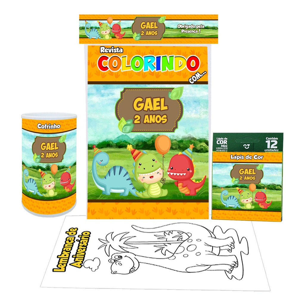 5 Livro de Colorir + Lápis de Cor + Cofrinho Dinossauro Baby Lembrancinhas Aniversário Personalizado