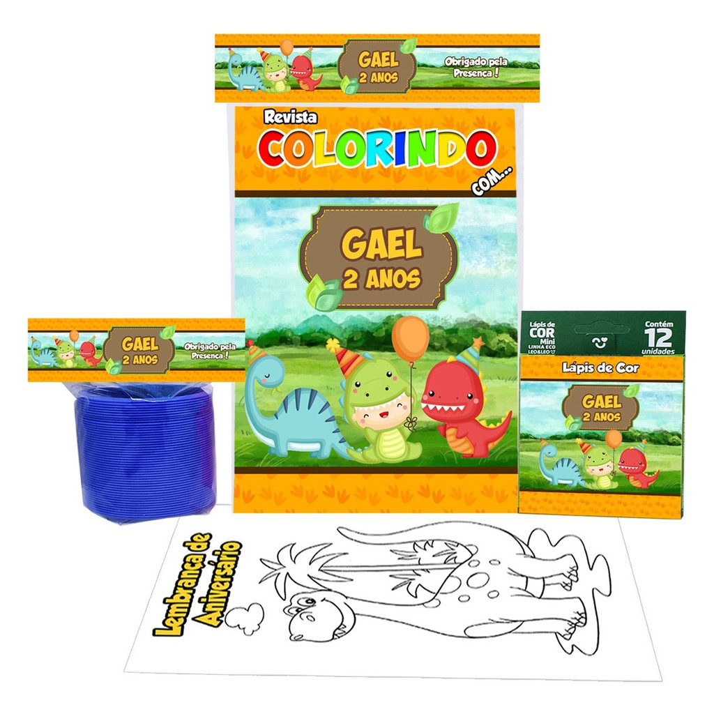 5 Livro de Pintar + Lápis de Cor + Mola Maluca Dinossauro Baby Lembrancinhas Personalizadas Infantil