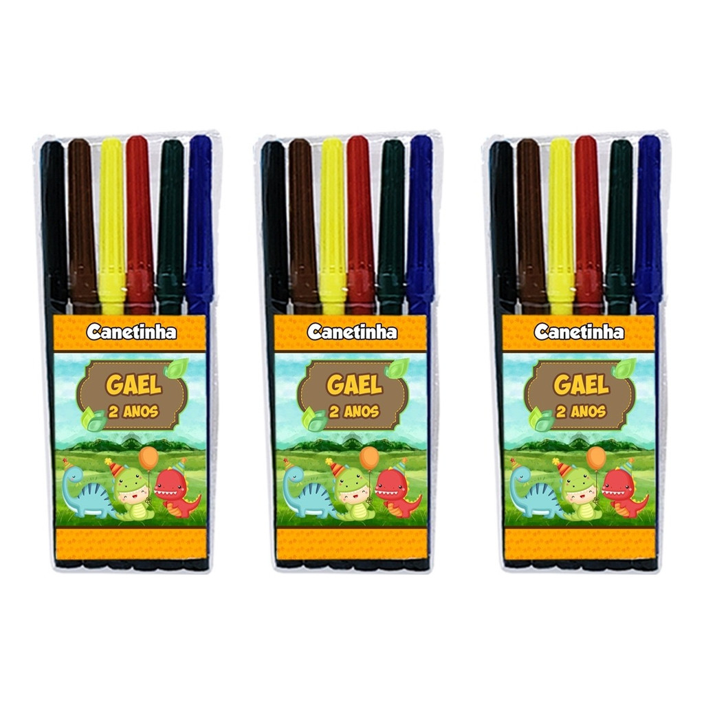 10 Canetinha com 6 Cores Canetinha de Colorir Lembrancinha Aniversário Personalizado Dinossauro Baby