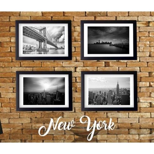Kit Quadros Preto Branco Com Moldura New York 33x43cm