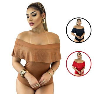 Kit 3 Body Feminino de Malha Ribana Ciganinha Cores: Caramelo, Preto e Vermelho, Glamour e Luxo Jeans