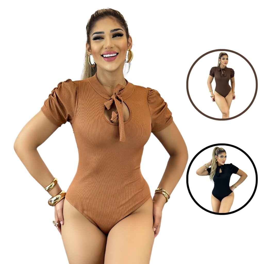 Kit 3 Body Feminino de Malha Ribana Princesinha Cores: Caramelo, Preto e Marrom, Glamour e Luxo Jeans