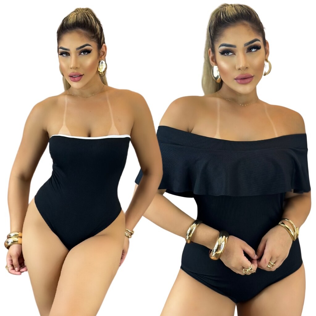 Kit 2 Body Femininos de Malha Ribana Ciganinha e Tomara que caia Preto, Glamour e Luxo Jeans