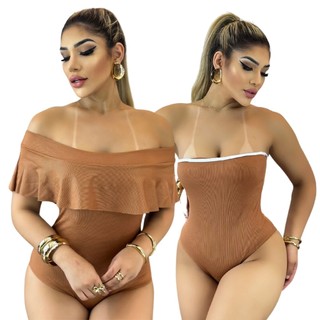 Kit 2 Body Femininos de Malha Ribana Ciganinha e Tomara que caia Caramelo, Glamour e Luxo Jeans