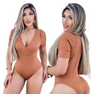 Body Feminino Malha Ribana Marrom Decote em V, Glamour e Luxo Jeans