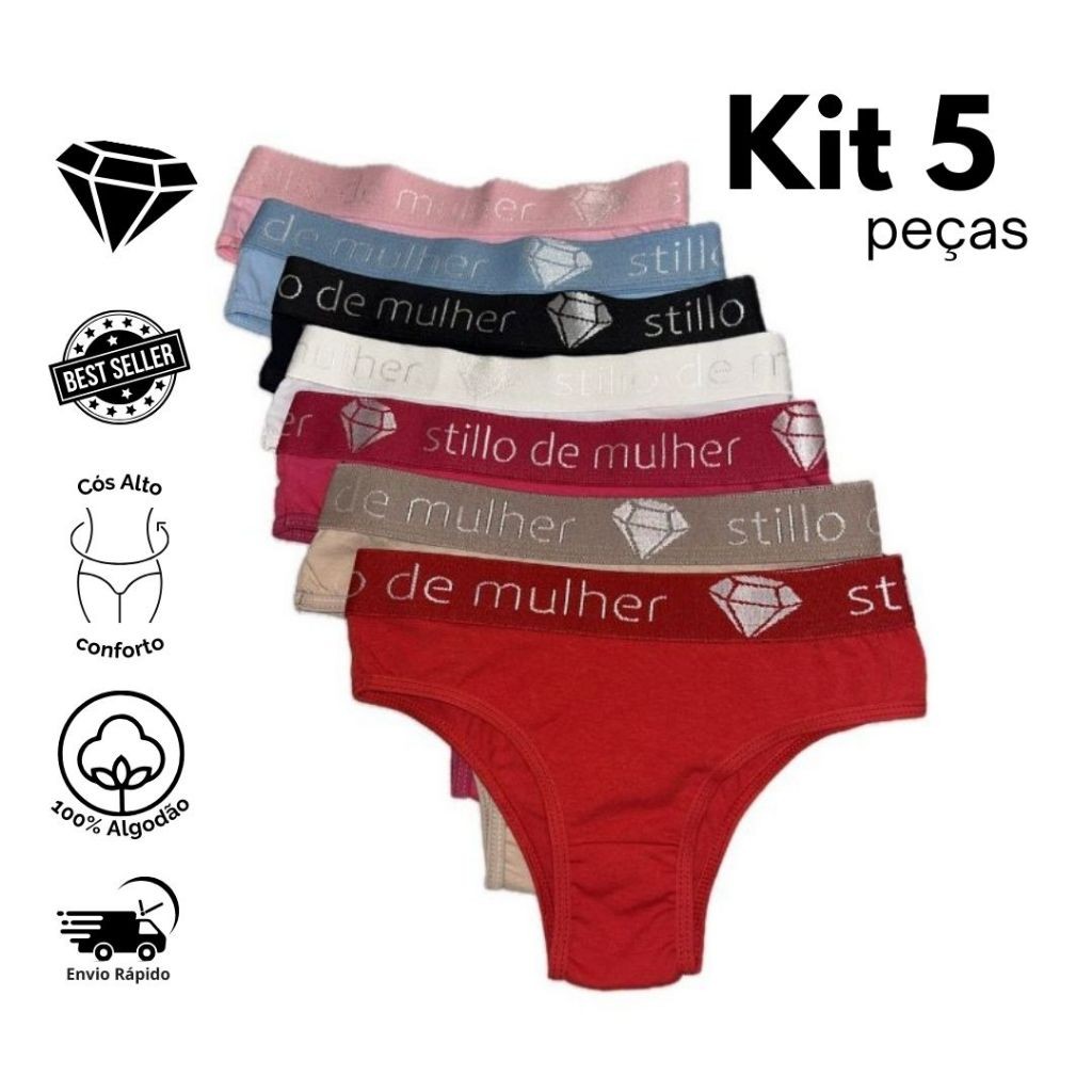 Kit 5 Calcinha Conforto Cotton 100% Algodão Adulto Feminino P M G GG