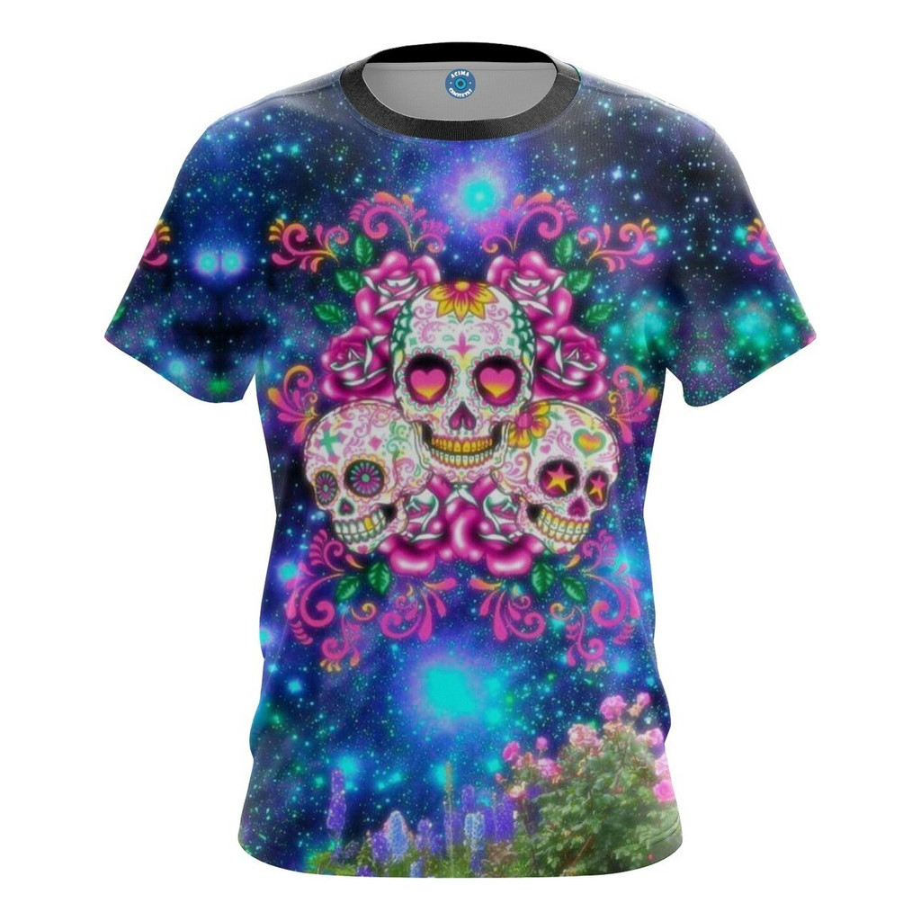 Camiseta Camisa Caveira Mexicana Arte Mortos Rosas Tie Dye 1