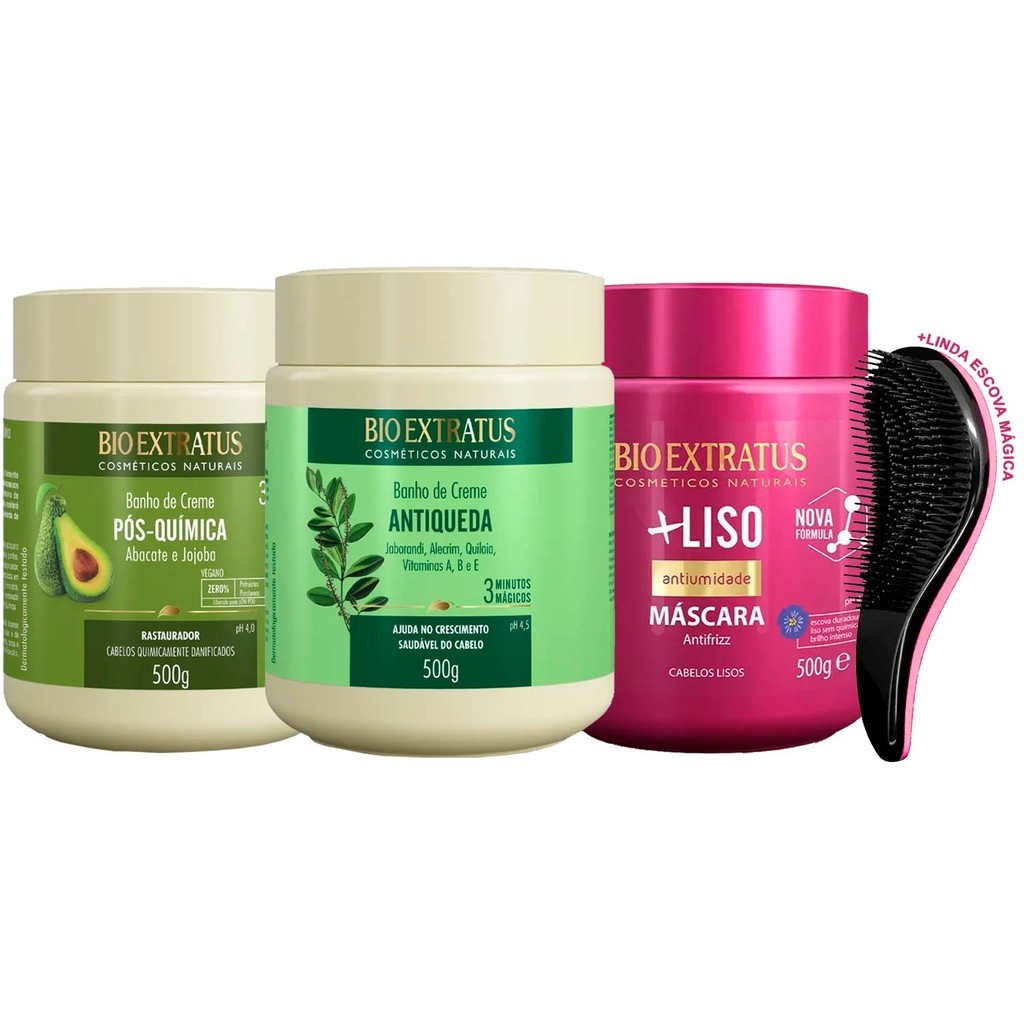 Kit Máscaras Bio Extratus Original Pós Quimica Jaborandi Liso 500g +Escova