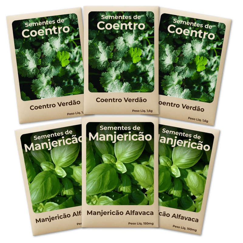 Sementes Manjericão e Coentro Plante o Ano Todo Cultivo Fácil e Produtivo -Leve 6 Pct