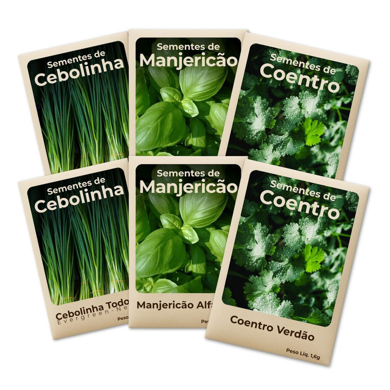 Semente Manjericão-Cebolinha-Coentro Variedade Selecionada Cultivo Fácil e Produtivo -Leve 6 Pct