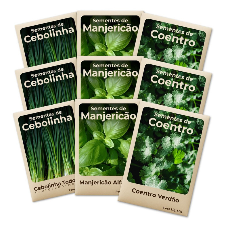 Semente Manjericão Cebolinha e Coentro Plante o Ano Todo Cultivo Fácil e Produtivo -Combo 9 Pct