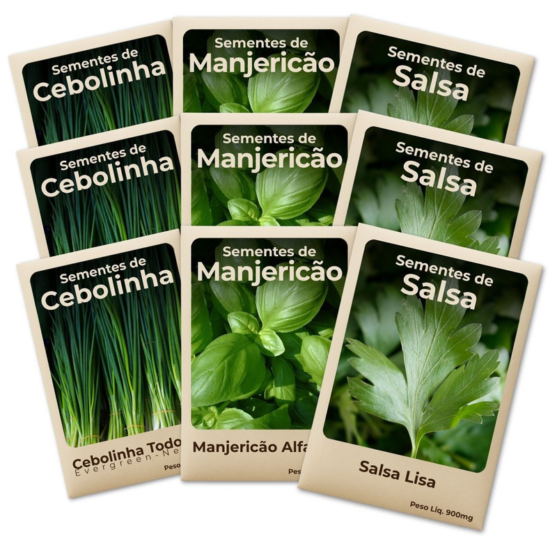Semente Manjericão Cebolinha e Salsa Variedade Selecionada Cultivo Fácil e Produtivo -Combo 9 Pct