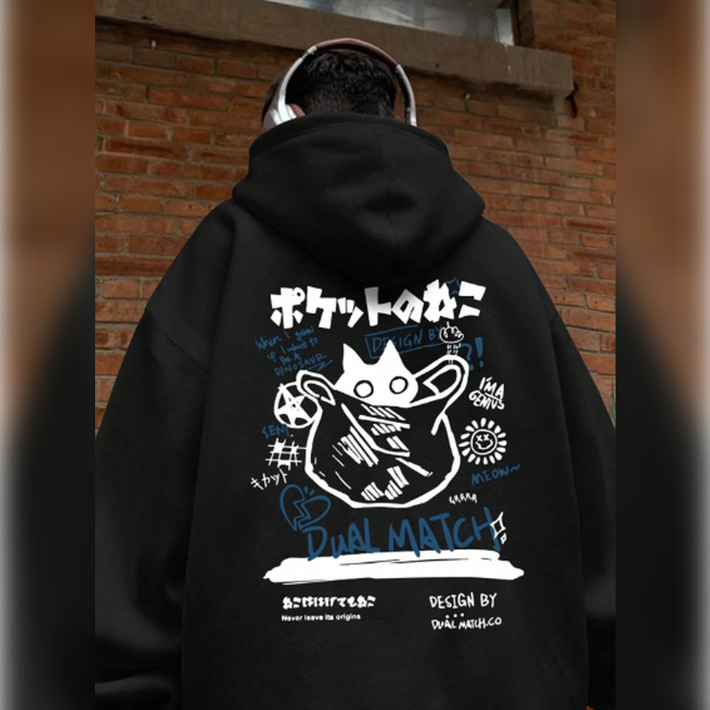 Moletom com Capuz e Estampa Gráfica de Gato Casual Masculino