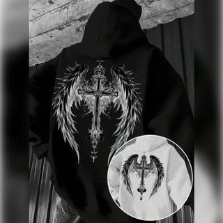 Moletom Canguru Unissex Estampado Desenhos Asas Cruz Estilo Punk Gótico Grande Costas