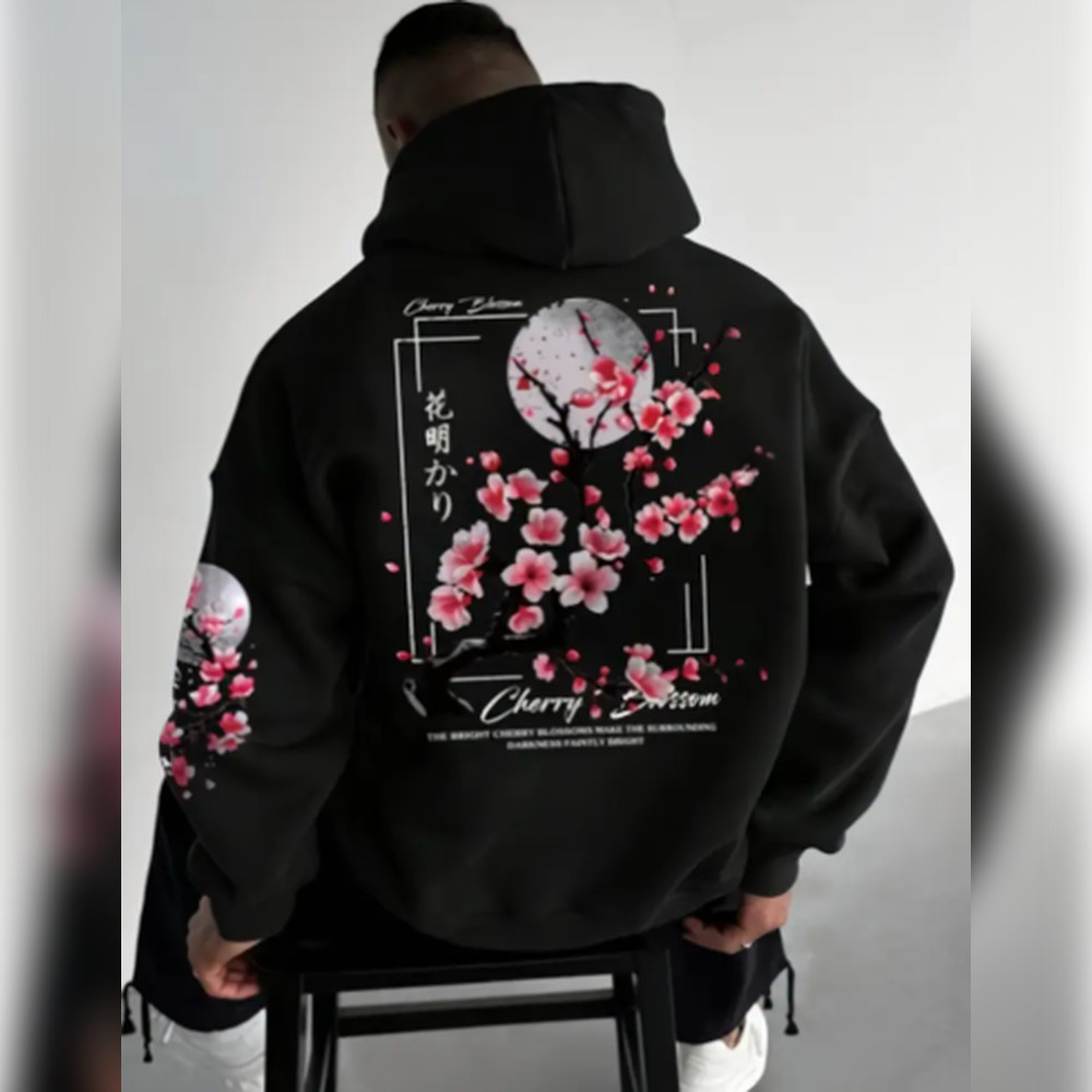 Moletom Masculino com Estampa de Flor de Cerejeira - Pulôver Casual Aconchegante com Forro de Fleece e Bolsos, Caimento