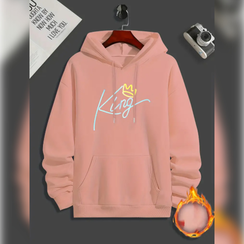 Moletom com capuz estampado ''Rei'' para homens, Moletom com bolso canguru, Pulôver com capuz confortável e so