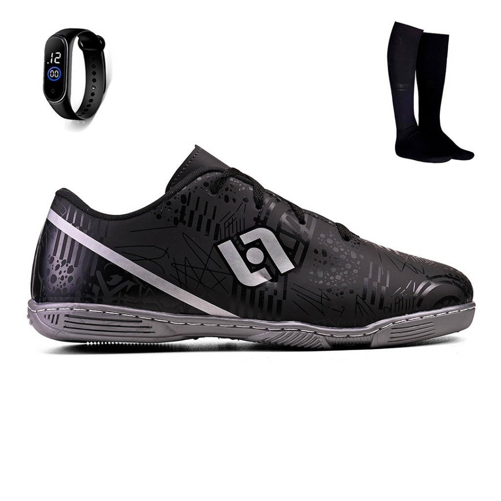 Kit Chuteira Infantil Futsal Futebol Salao Quadra Costurada Light + Meiao e Relogio