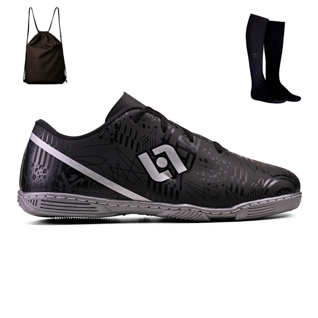 Kit Chuteira Infantil Futsal Futebol Salao Quadra Costurada Light + Mochila e Meiao