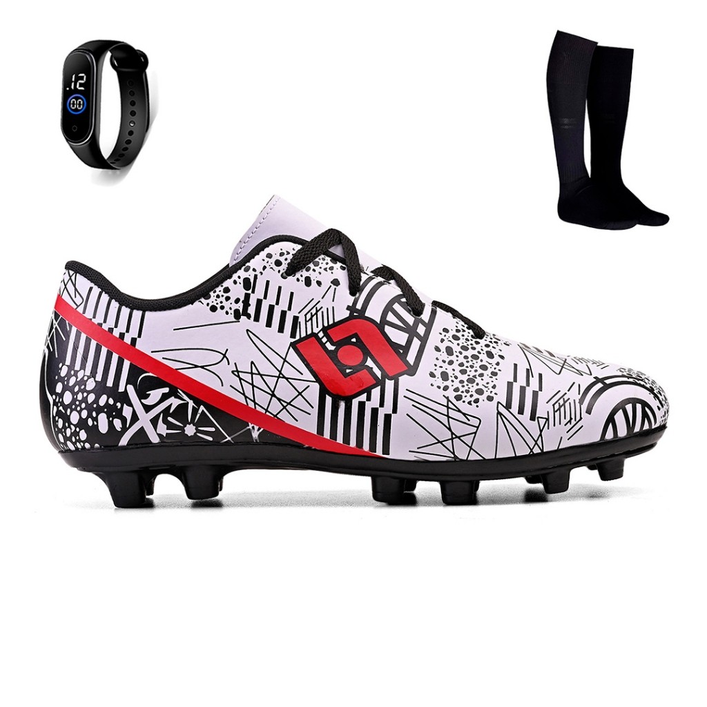 Kit Chuteira Infantil Costurada Futebol Campo Trava Light + Meiao e Relogio