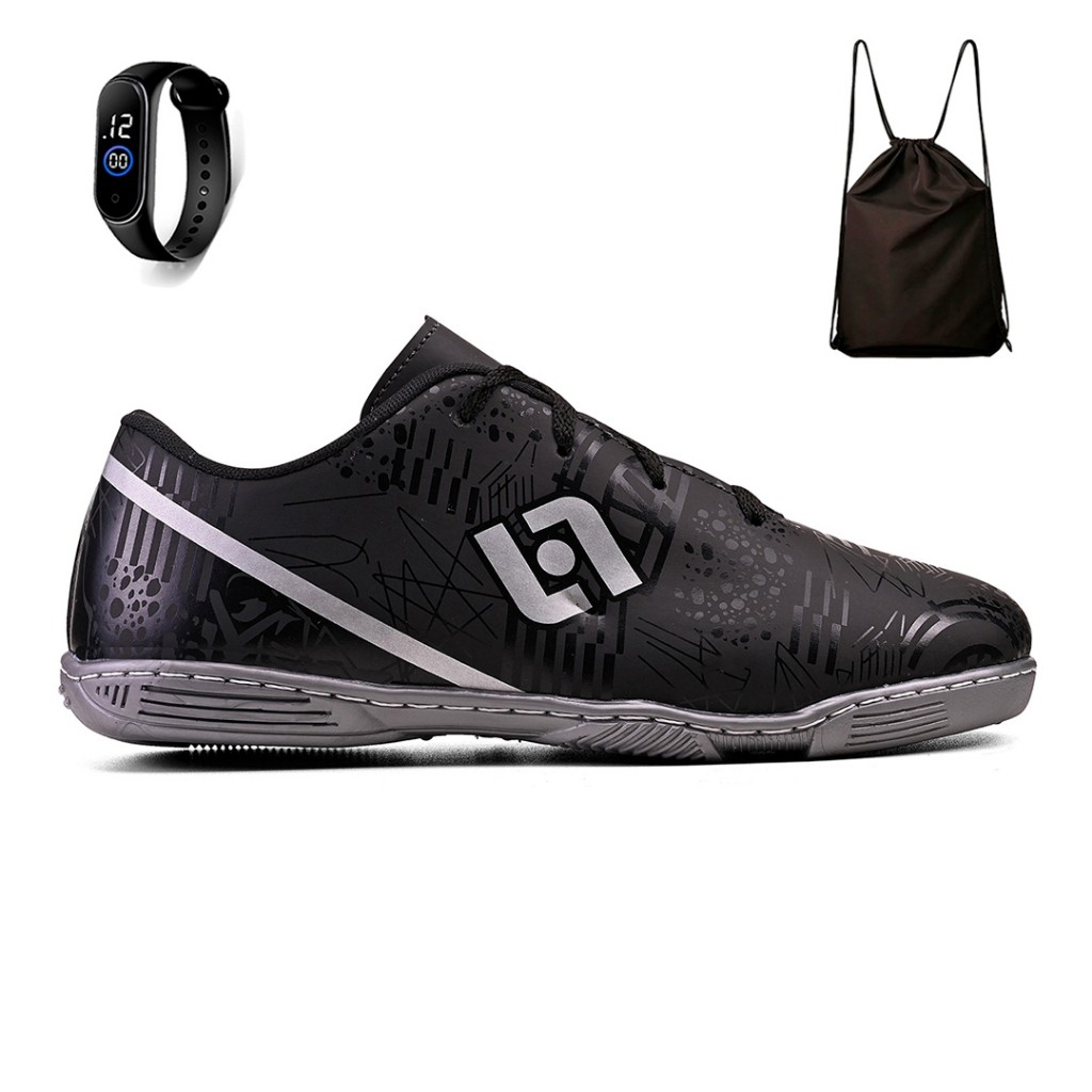 Kit Chuteira Infantil Futsal Futebol Salao Quadra Costurada Light + Mochila e Relogio
