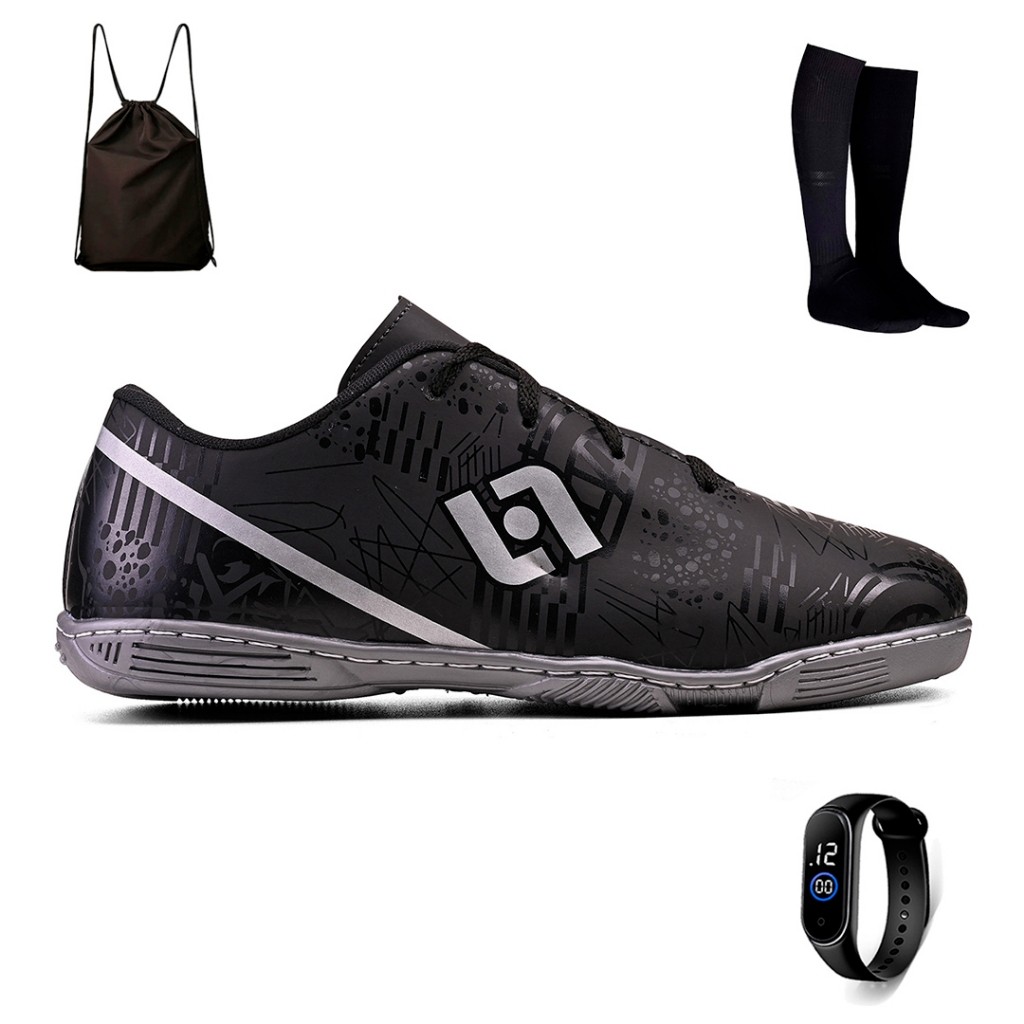 Kit Chuteira Infantil Futsal Futebol Salao Quadra Costurada Light + Mochila + Meiao e Relogio