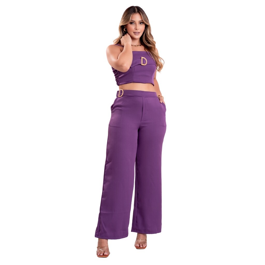 Conjunto Feminino de Alfaiataria Roxo Calça + Cropped,G&G shop flash