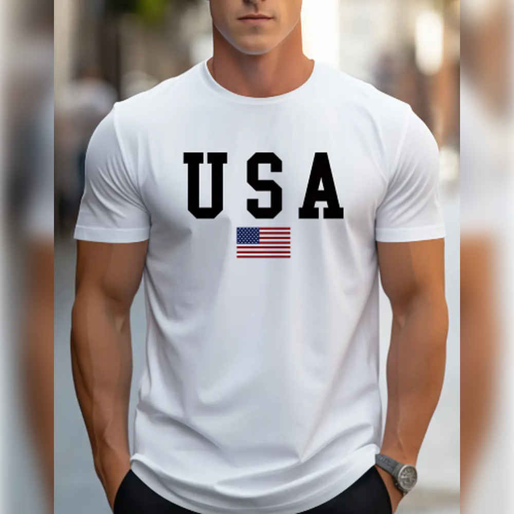 Camiseta Esportiva De Verão Masculina Com Estampa Dos EUA, Gola Redonda, Confortável E Versátil
