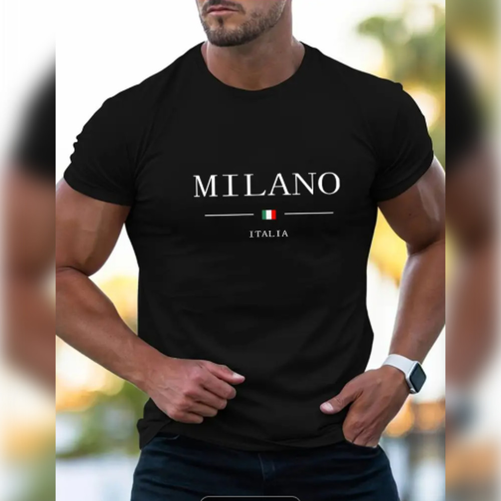 Camiseta masculina de manga curta com estampa de letras MILANO, tendência de verão, versátil e confortável para uso diá