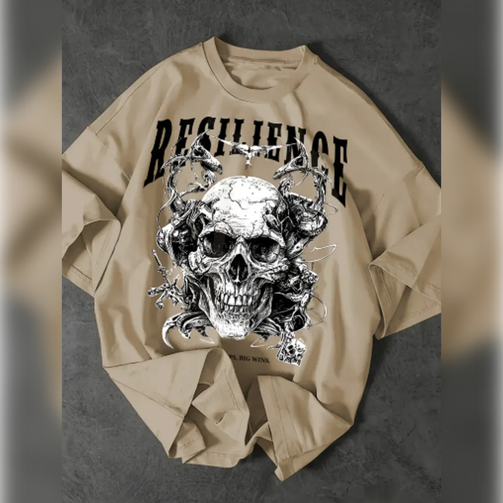 Camiseta Masculina Y2K com Estampa de Caveira - "RESILIÊNCIA", Camiseta Roxa Solta para Rua, Confortável com Gola Redon