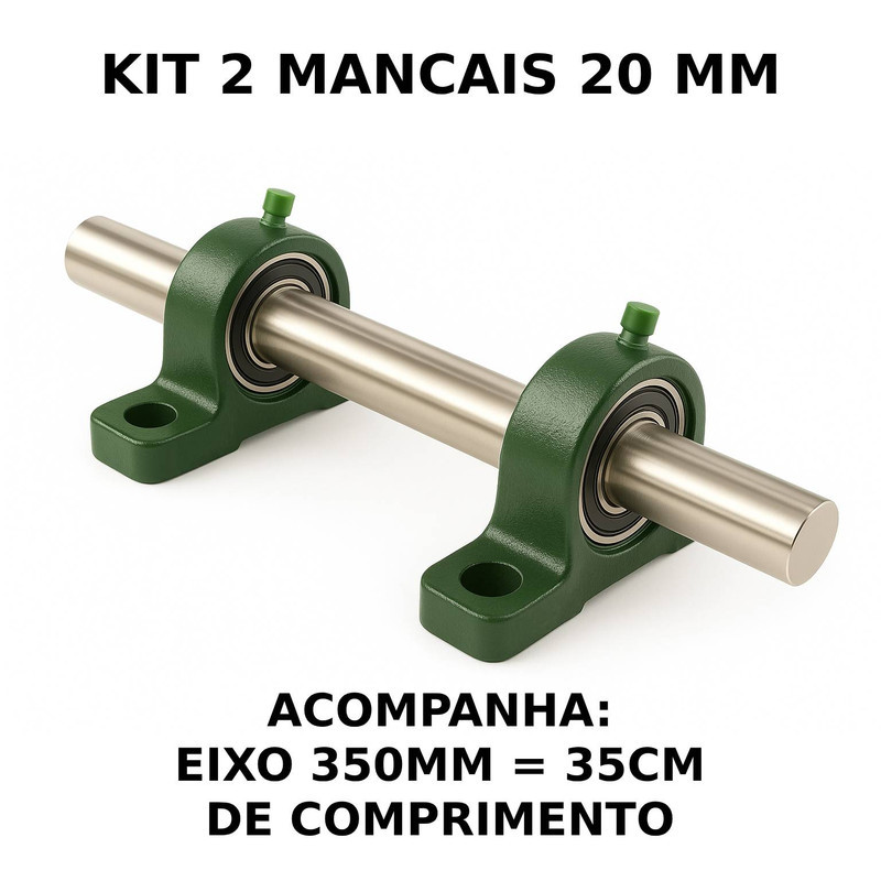 2 Mancal Pedestal P204 c/ Rolamento 20mm + Eixo 20mm X 350mm (2cm X 35cm) Kit Completo Robusto